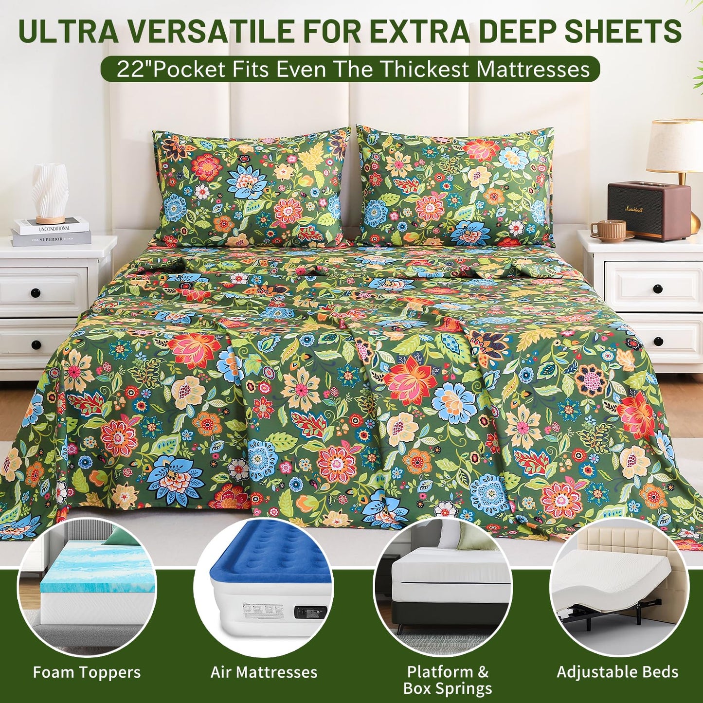 Bedlifes Extra Deep Pocket 18-24" Queen 4-Piece Sheet Set - Cooling Sheets Blend Rayon Derived from Bamboo Soft & Breathable Floral Dark Green
