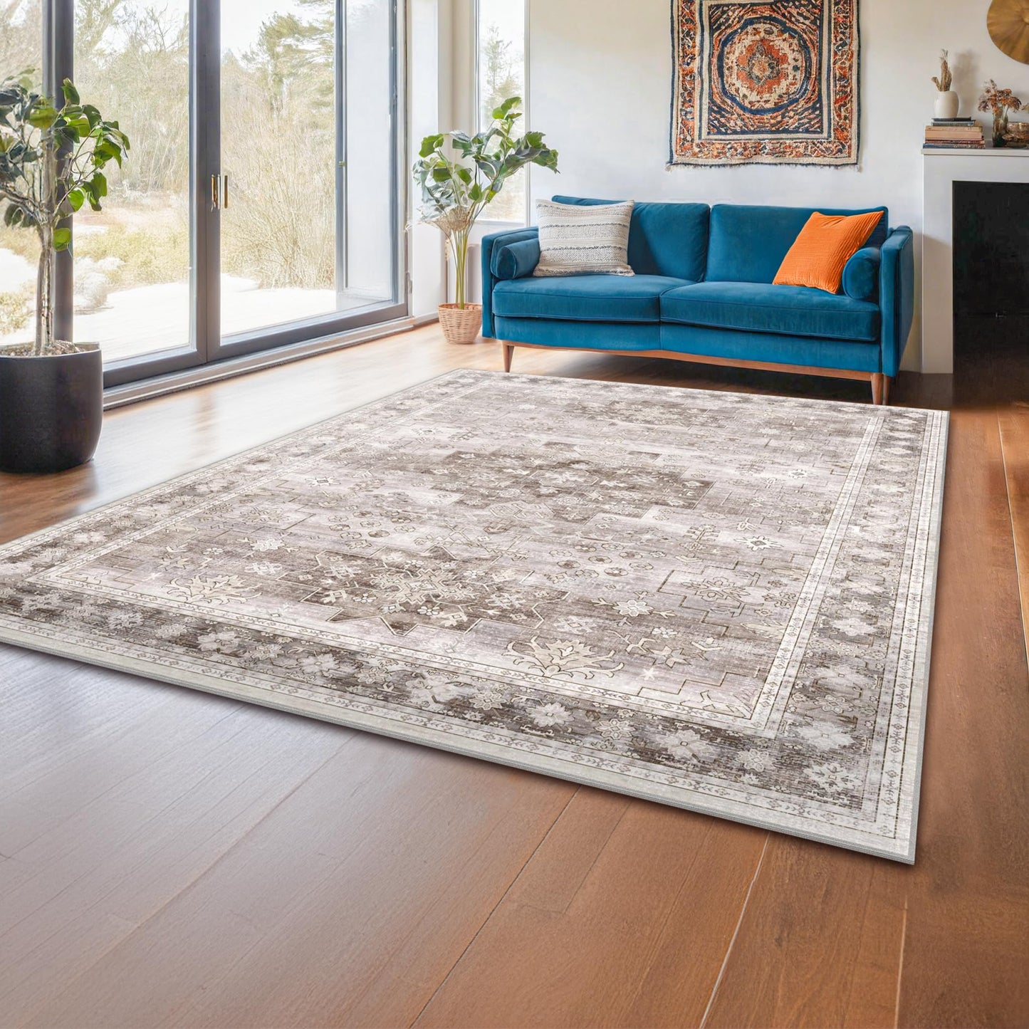 Hazo Haus Washable Neutral Farmhouse Living Room Rug, 5x7 Area Rugs for Bedroom, Nursery Room, Boho Vintage Floral Non-Slip Rug Low Pile Stain Resistant (5x7 Beige/Latte)