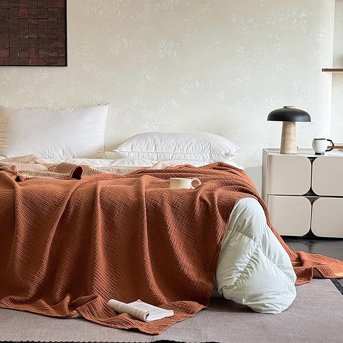 FALUCA Cotton Muslin Reversible Blanket 50x60 Inches for Bed, Couch, Four Layers Blanket, Soft Lightweight Cozy Breathable Farmhouse Decoration for All-Season, Camel