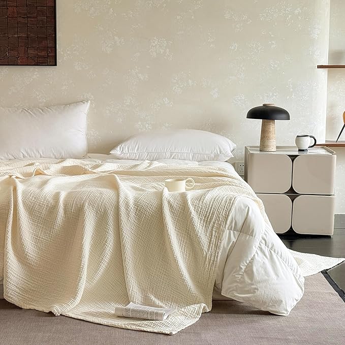 FALUCA Cotton Muslin Reversible Blanket Queen Size for Bed, Couch, Four Layers Blanket, Soft Lightweight Cozy Breathable Farmhouse Decoration for All-Season, Beige