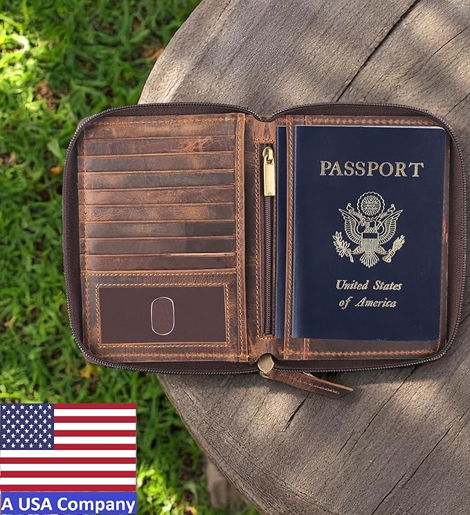 Passport Wallet - Travel Document Holder w/RFID Blocking – Full Grain Leather – Bifold compact zip around Wallet with Credit Card Slots for Women and Men, brown skull,500-31