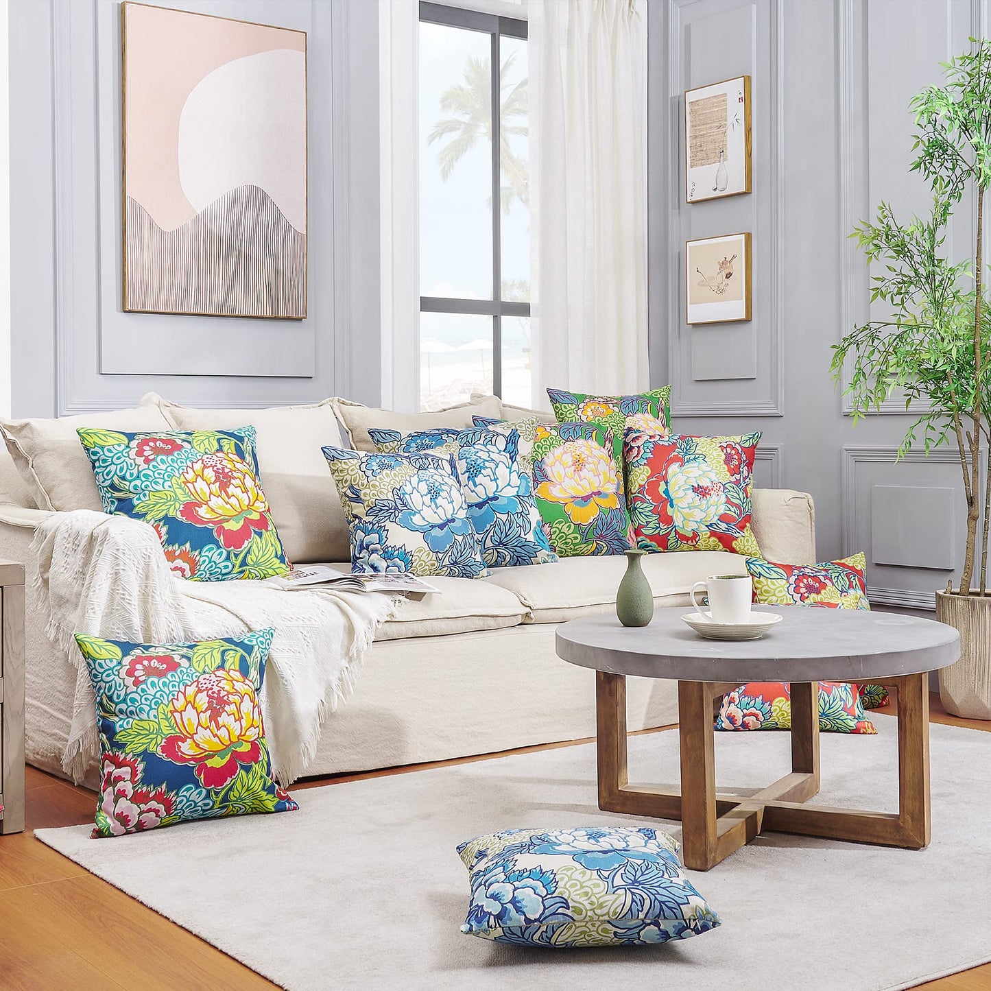 BLESFEST Pack of 2, Chinoiserie Pillow Cover 18 x 18 Inch Peony Floral Pillow Covers Linen Flower Throw Pillow Covers Farmhouse Pillowcase Cushion Covers for Sofa Couch Living Room Blue Beige