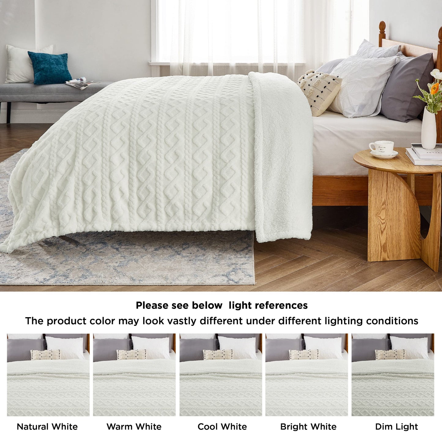 Bedsure Gentlesoft Sherpa Queen Size Blanket for Bed - Fleece Fluffy & Cozy Cable Jacquard Tufted for Women Gift, Thick and Warm Christmas Blanket for Winter, Cream, 90x90 Inches