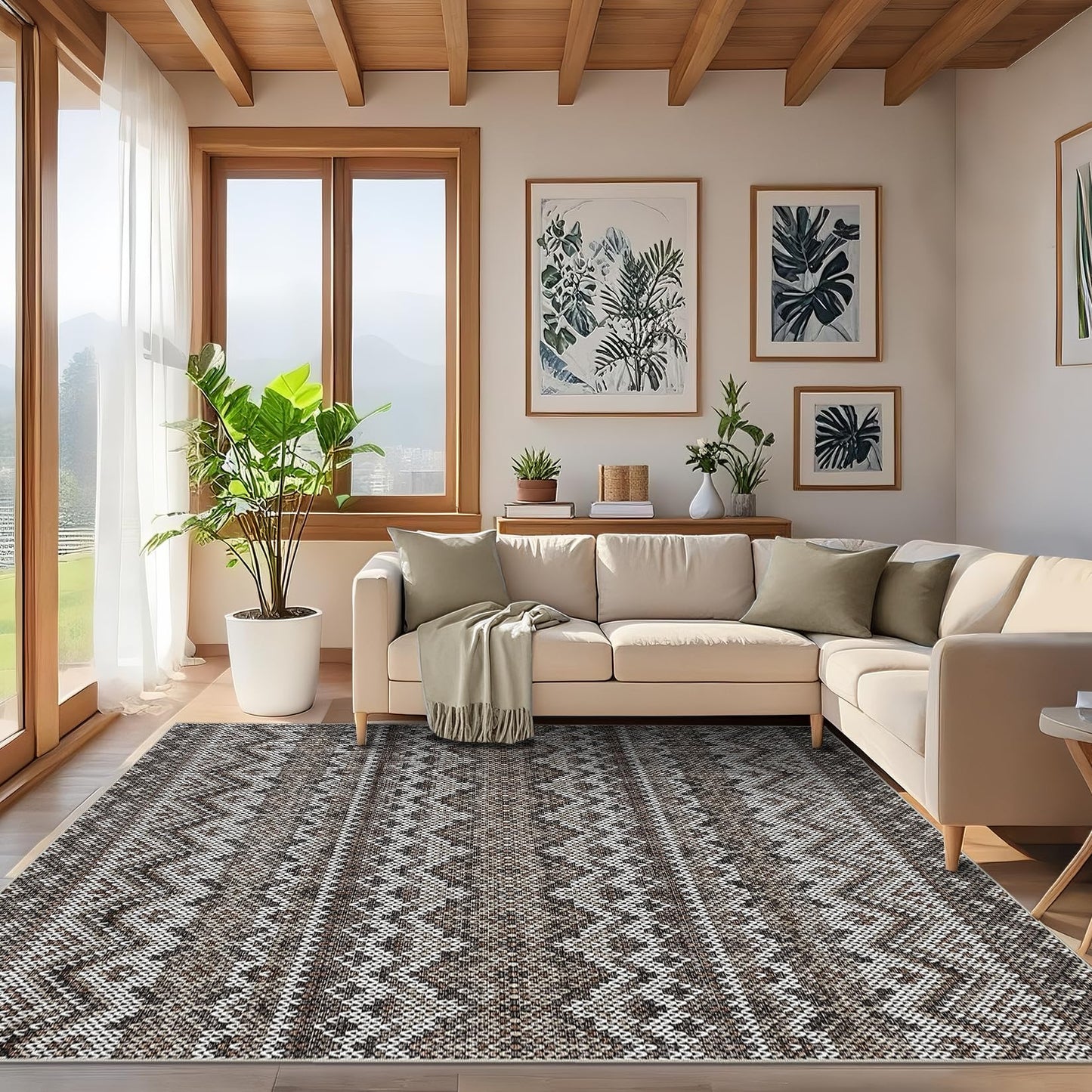 Garvee 5x7 Boho Area Rug Living Room, Geometric Throw Rugs with Rubber Backing Washable, Non Shedding Stain Resistant Floor Cover Foldable Low Pile Soft Mats for Bedroom, Dining Room, Nursery, Brown