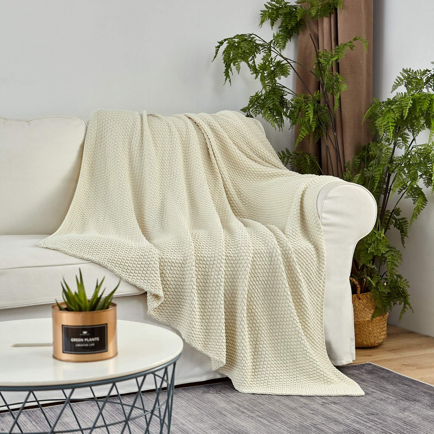 Longhui bedding 100% Cotton Knitted Throw Blanket – Cream, Soft & Cozy, Machine Washable, 51"x63" – Perfect for Living Room, Couch, Sofa, Bed or Travel