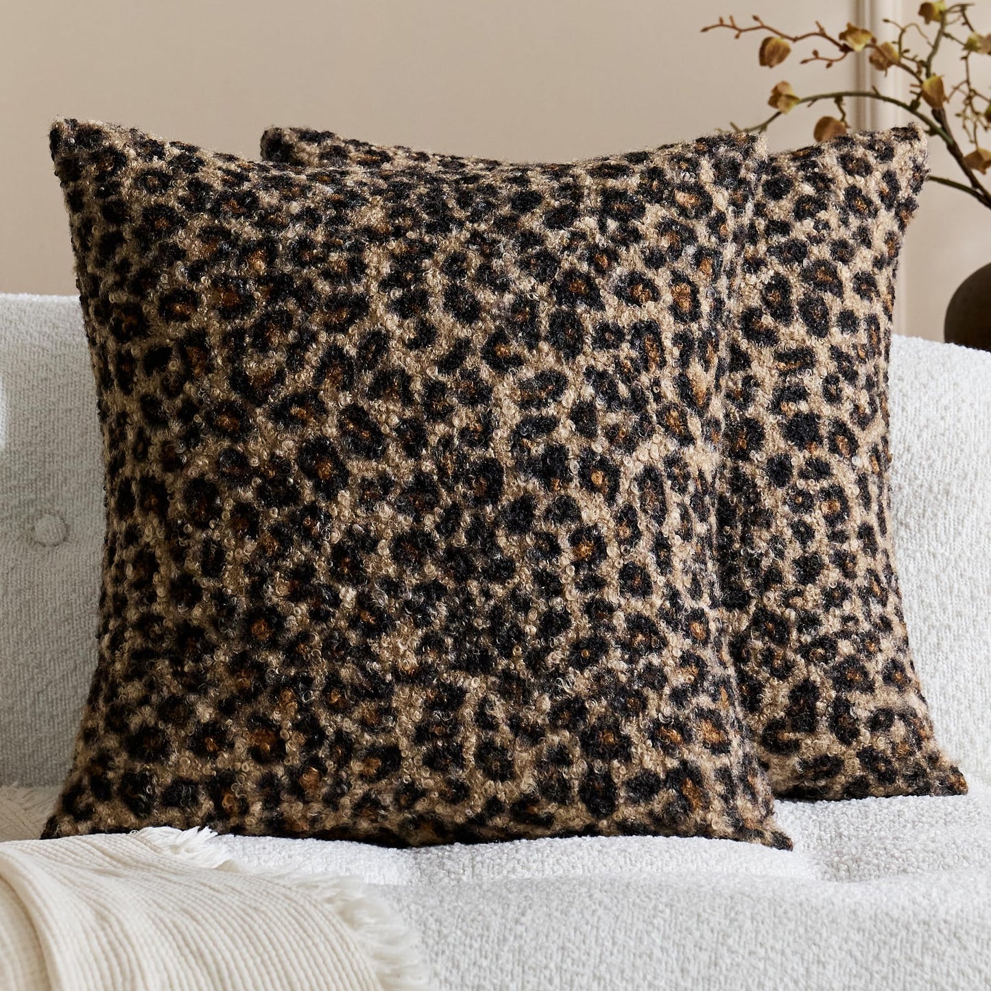 KINDREX Leopard Print Boucle Pillow Covers 18x18 Set of 2, Cloud-Like Soft & Fluffy Cheetah Cushion Cases, Eye-Catching Decor for Living Room Sofa Bedroom Decor