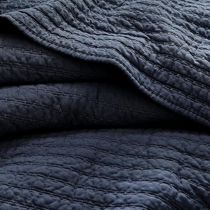 WDCOZY 100% Cotton King Size Quilt Set - Navy Blue Striped Pick Stitch Soft Lightweight Bedspread, Textured Like Linen, Farmhouse Country Rustic Coverlet, Shabby Chic Gauze Bedding, 3 Pieces