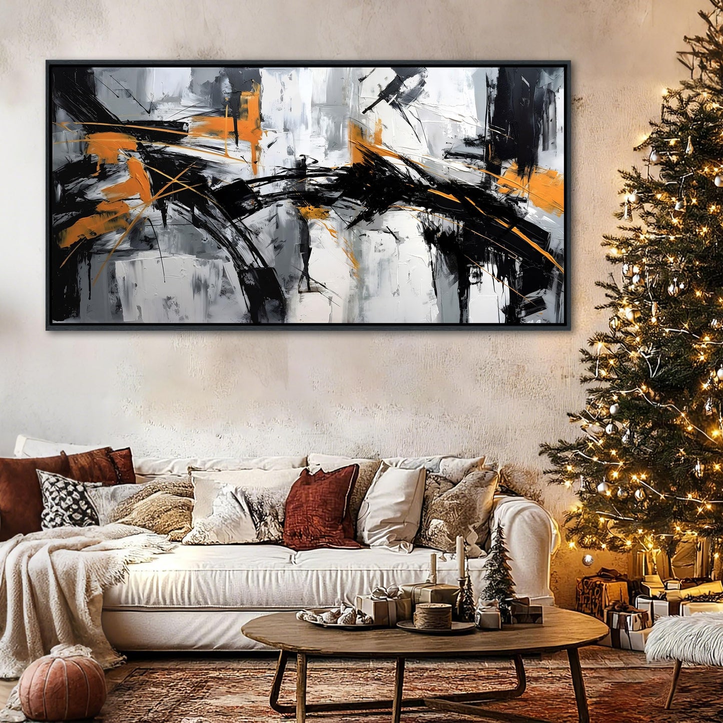 Framed Large Abstract Canvas Wall Art Modern Wall Art for Living Room - Canvas Wall Decor for Office and Home - Framed Artwork for Walls Black, White, Gray and Unique Orange Accents 29×58in