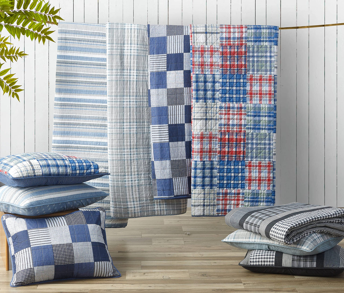 Nautica - Queen Quilt Set, 100% Cotton Bedding with Matching Shams, Reversible Stripe and Anchor Design, Lightweight for Year-Round Layering (Jettison Blue)