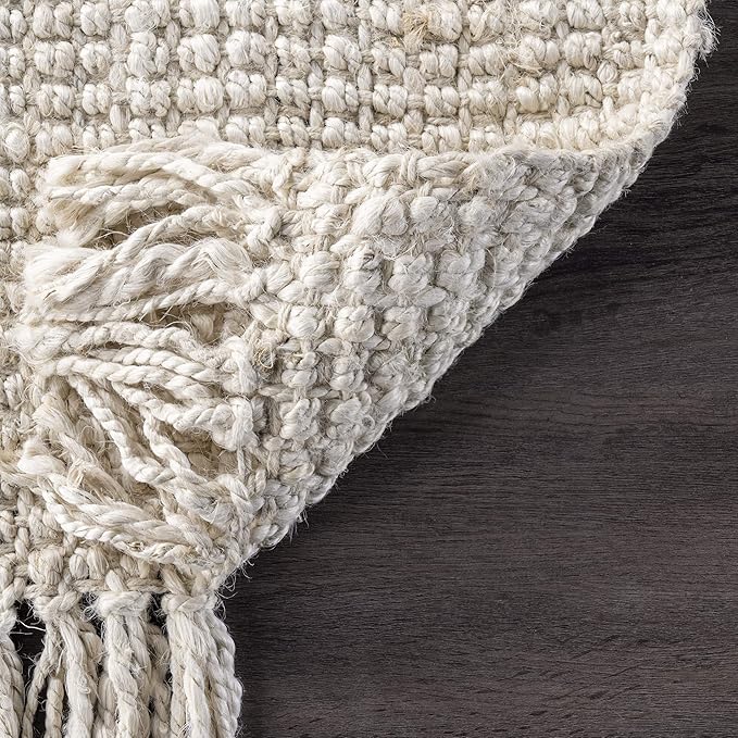 Nuloom Daniela Off-White, 8' Square, Handmade, Jute, Tassel, Soft and Textured, High Traffic, Stain Resistant, Easy Clean, Durable Area Rug for Bedroom, Living Room, Dining Space, Foyer, Entryway