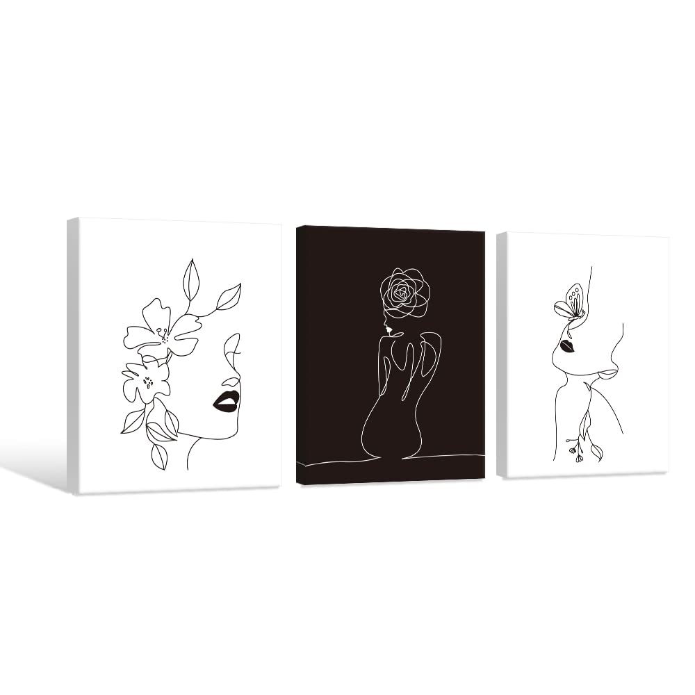 Chadow Artwork Minimalist Line Art Prints Set of 3 Abstract Women Faces Flower Wall Art Black and White Line Drawing Painting Modern Aesthetic Poster for Girls Bedroom Bathroom Living Room Decor