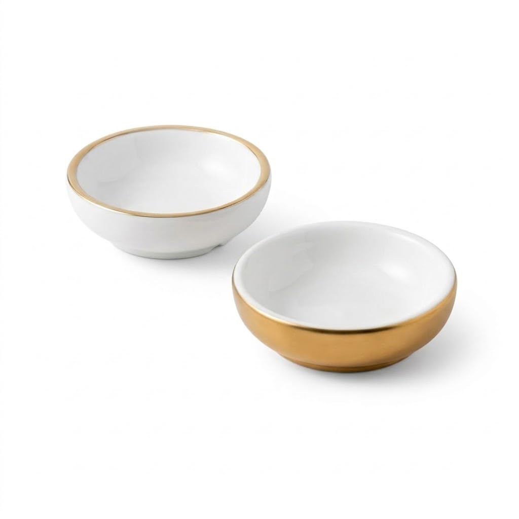 Elanze Designs Gold and White Jewelry Tray Set, Small 3 Inch Ceramic Trinket Dishes with Metallic Finish, Decorative Ring Holder Bowls for Vanity, Dresser, Nightstand, Set of 2