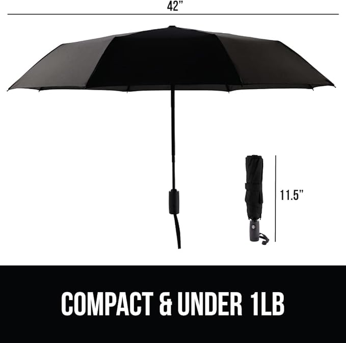 GORILLA GRIP Strong Windproof Stick Compact Umbrella for Rain, 2 PK, One-Click Automatic Open Close, Durable Quick Dry Waterproof Material, Lightweight, Portable, Travel Size Fits Backpack, Black Navy