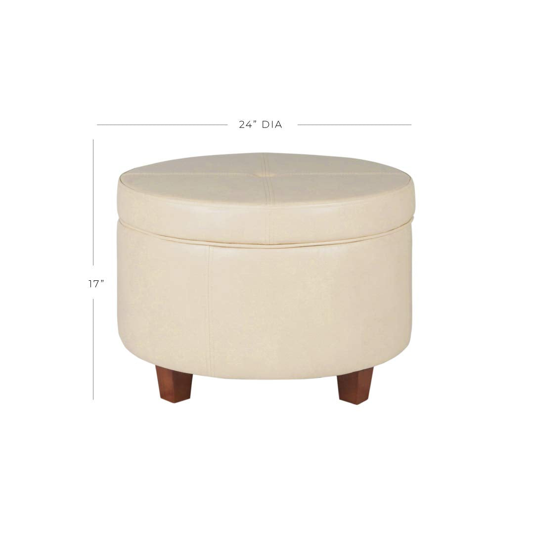 HomePop 24" Large Leatherette Round Storage Ottoman - Cream Faux Leather