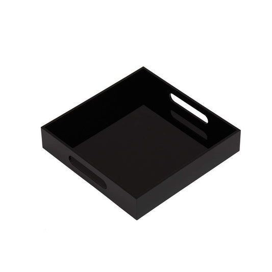 KEVLANG Glossy Black Sturdy Acrylic Serving Tray with Handles-10x10Inch-Serving Coffee,Food,Breakfast,Butler-Kitchen Countertop Tray-Makeup Drawer Organizer-Vanity Table,Ottoman Tray-Decorative Tray