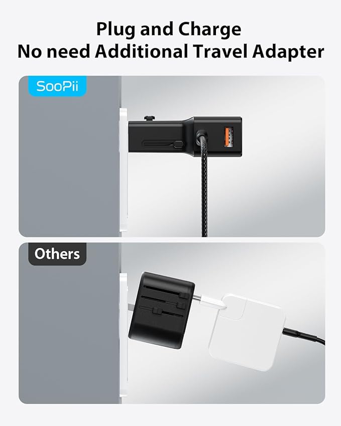 SooPii 25W Universal Travel Power Adapter, International Power Adapter, USB-C PD & USB-A QC Universal Travel Plug, Mini Travel Adapter for UK US EU AU with 100W Smart LED Indicator C-to-C Cable