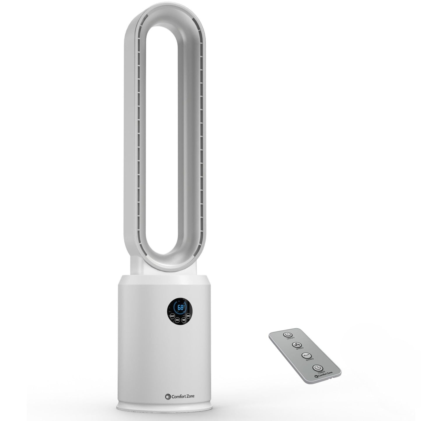 Comfort Zone 40-Inch Bladeless Tower Fan for Bedroom – Quiet Standing Fan with Remote Control, 9H Timer & Wide Area Oscillation – Turbocharged Airflow & Digital LED Display – White/Silver