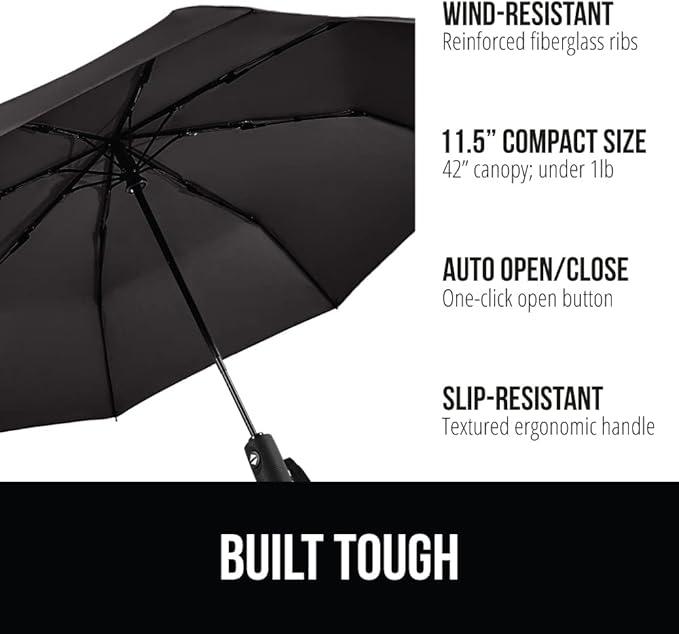 GORILLA GRIP Strong Windproof Stick Compact Umbrella for Rain, 2 PK, One-Click Automatic Open Close, Durable Quick Dry Waterproof Material, Lightweight, Portable, Travel Size Fits Backpack, Black Navy