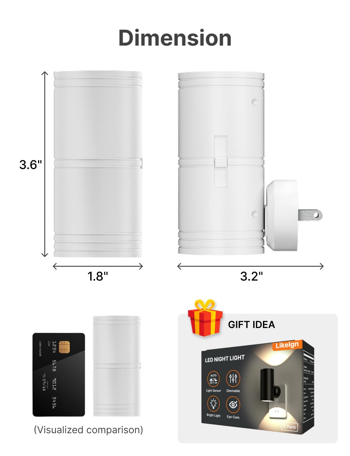 Likelgn Night Light Plug into Wall, 2 Pack Dimmable LED Nightlight with Dusk to Dawn Sensor, Soft White Glow, for Hallway, Bathroom, Bedroom, White
