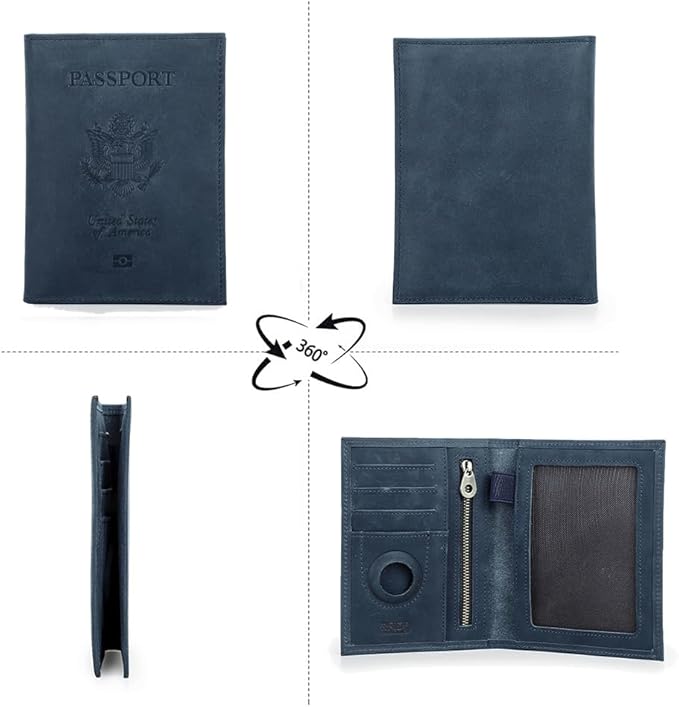 CONTACTS Full Grain Leather Airtag Passport Holder RFID Blocking Travel Passport Wallet Slim Passport Cover Case with 4 Card Slots, Coin Pocket (US Passport Stamp, Blue)