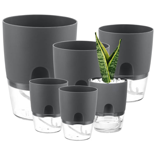 Planterhoma 6 Pack Self Watering Pots for Indoor Plants, 3.2/4/6 Inch Plant Pot Plastic Self Watering Planter for Orchid, African Violet, Small Clear Flower Pots with Drainage Holes and Wicking, Grey