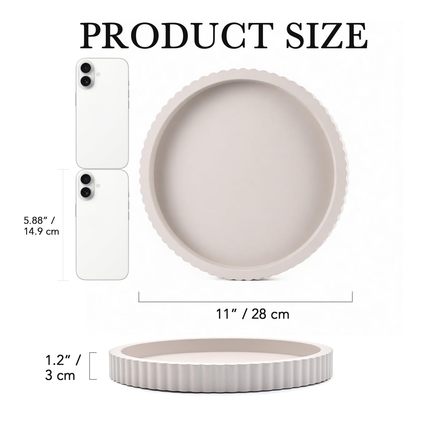 Modern Decorative Tray for Coffee Table, 11" Wooden Gray Beige Round Small Decor Tray for Candle, Perfume, Vanity, Kitchen Island Counter & Table Centerpiece