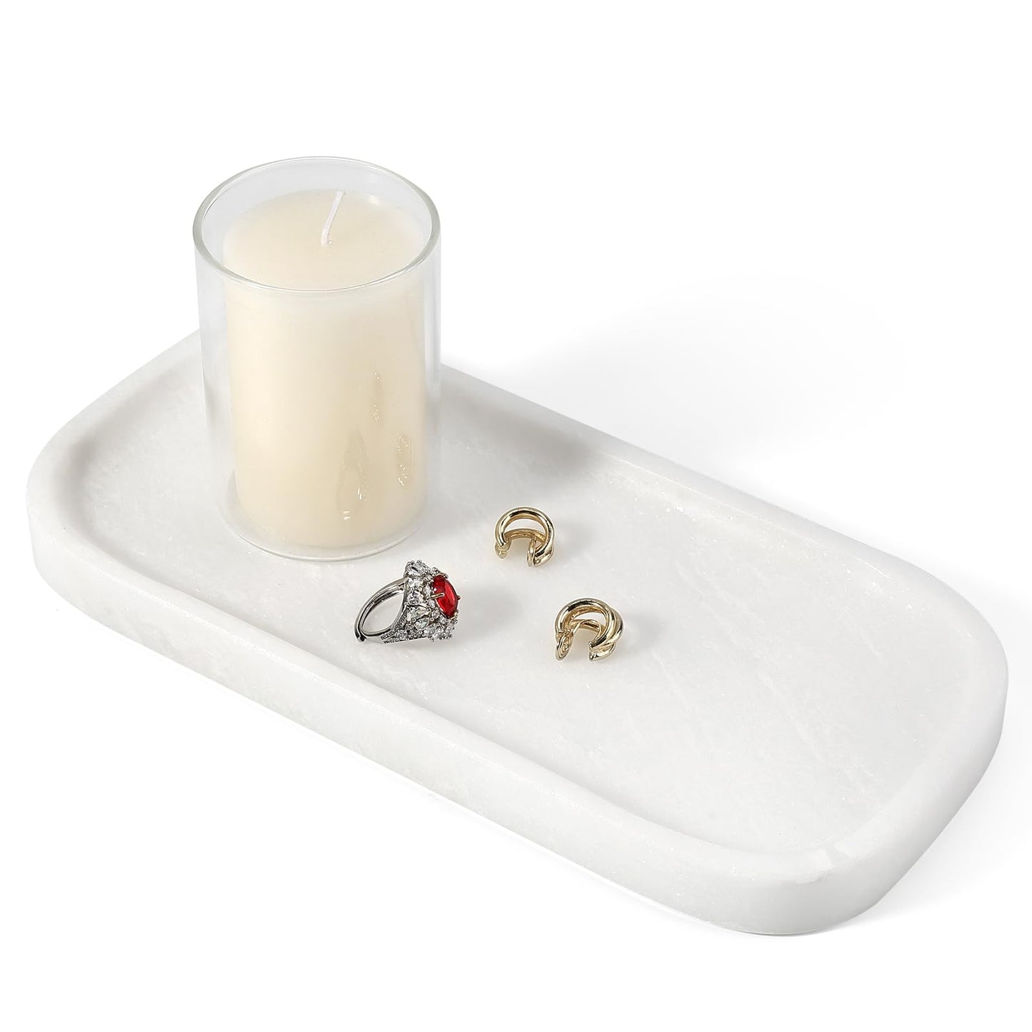 Koville Marble Tray, 10"x5" Marble Vanity Tray for Bathroom Countertop Kitchen Sink, Rectangular Stone Tray for Perfume Fragrance, Decorative Catchall Tray Jewelry Cosmetics Organizer(White)