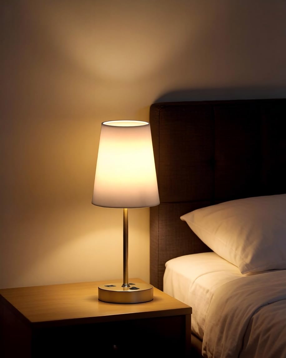 Addtam Bedroom Table Lamp, Bedside Lamp with AC Outlet and USB C Charging Ports(PD 20W), 3-Way Dimmable Lamp with Switch, Lamps with Shade for Night Stands, Living Room, Desk, and Home Office, 6.5Ft