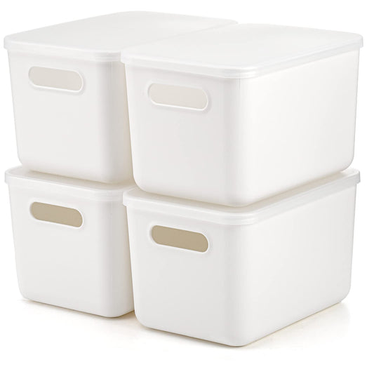 Lawei 4 Pack Plastic Storage Bins with Lid, White Stackable Storage Basket Organizer Box, Sturdy Containers Organizing Lidded Bins for Shelves, Cabinet, Desk, Pantry, Bedroom, Book, Toys