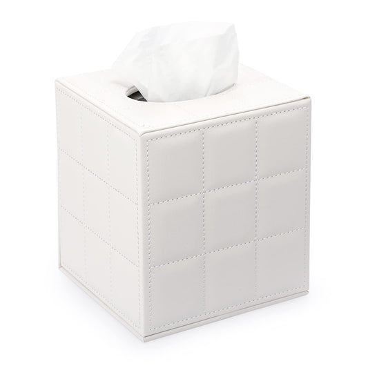 Sumnacon Square Leather Tissue Box Cover - Stylish Cube Tissue Box Holder with Magnetic Bottom, Decorative PU Tissue Box for Vanity Dresser Night Stand Table Countertop Home Office Car, Grid White