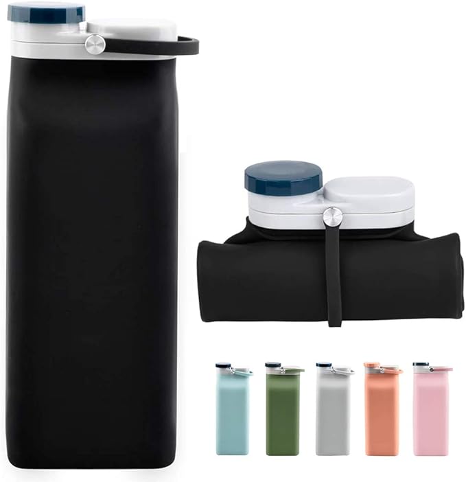 E-Senior Collapsible Water Bottle BPA Free - 20 oz Foldable Water Bottle for Travel Sports Bottles with Triple Leak Proof Lightweight (Black)