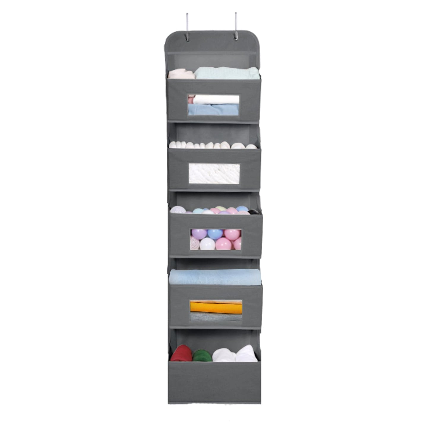 MAX Houser 5-Shelf Over The Door Hanging Organizer with 2 Metal Hooks, 5 Pocket Over The Door Wall Mount Storage with Clear Windows for Bathroom Closet,Bedroom,Dorm,(Gray)