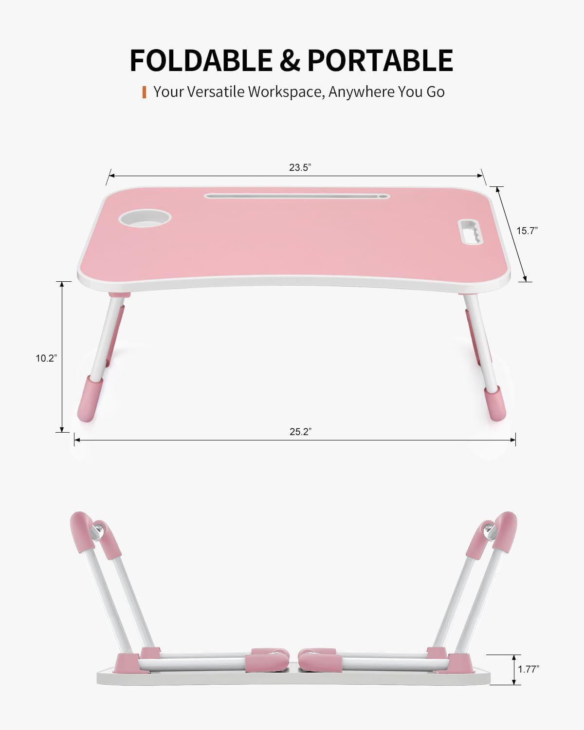 FISYOD Foldable Laptop Table, Portable Lap Desk Bed Table Tray, Laptop Stand with Cup Holder & Tablet Slot & Lifting Handle for Working Writing Drawing & Eating (Light Pink)