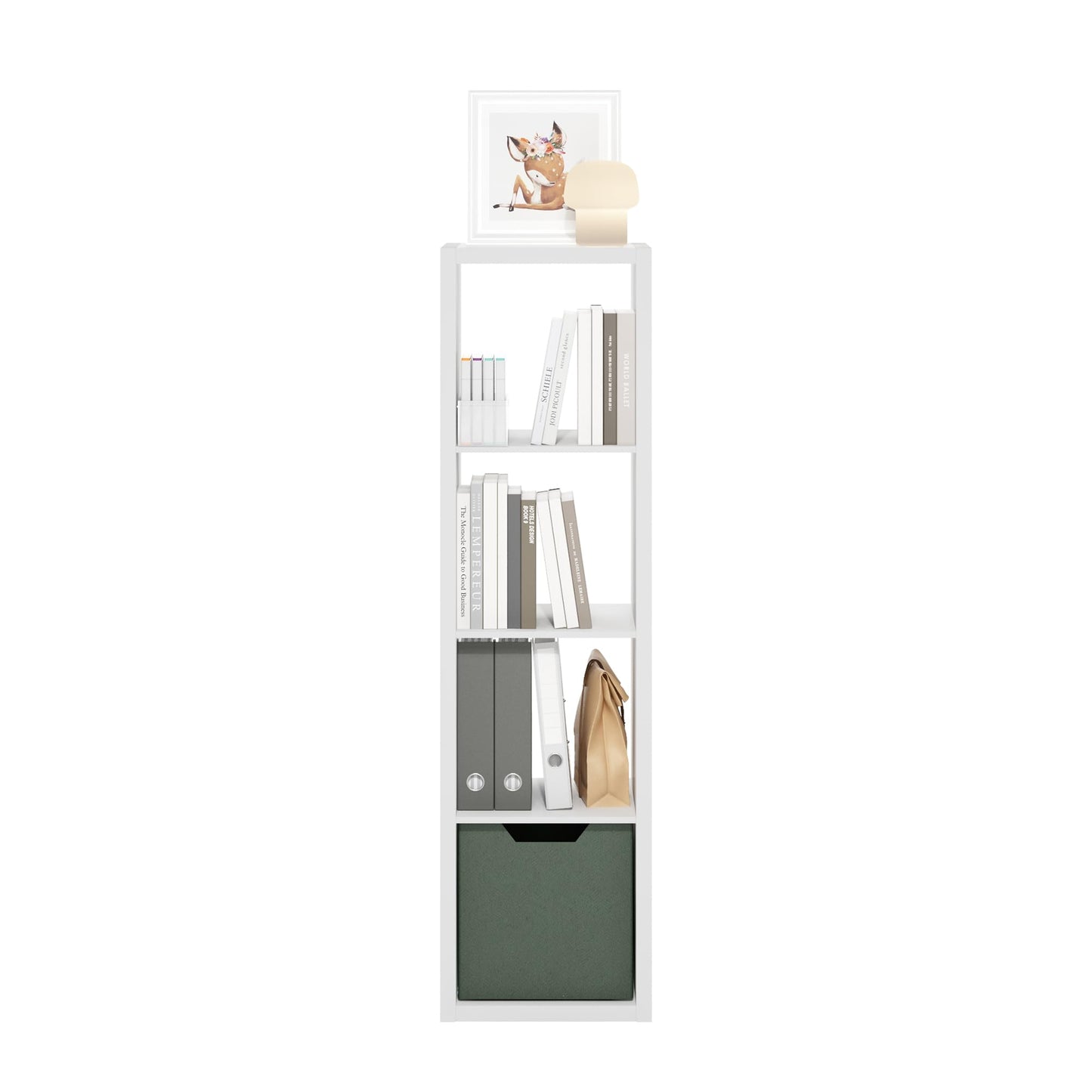 Furinno Cubicle Book Shelf, 4-Cube Bookshelf, Extra Thick Frame Horizontally & Vertically Reversible Bookcase with Open Back, 14.6 x 15.9 x 58, for Living Room, Bedroom, Home Office, Plain White