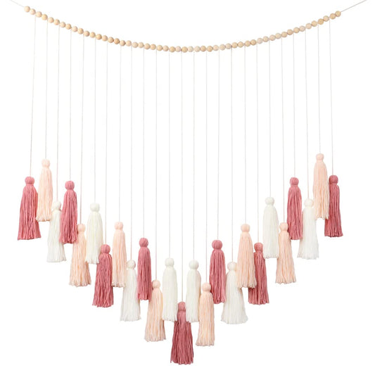 DrCor Blush Pink Macrame Wall Hanging – Boho Tassel Wall Decor for Nursery, Girls Bedroom, Dorm Room, Baby Shower, Classroom Reading Corner, Wedding Backdrop & Cozy Home Decor
