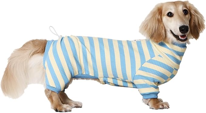 HowlyWoof Dachshund Dog Shirt, Thin Striped Base Layer Onesie for Wiener Dogs, Lightweight All-Season Wear, Soft & Comfy Fit for Doxie and Short-Leg Breeds (Blue&Yellow, Size 2 (11-16 lbs))