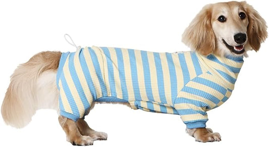 HowlyWoof Dachshund Dog Shirt, Thin Striped Base Layer Onesie for Wiener Dogs, Lightweight All-Season Wear, Soft & Comfy Fit for Doxie and Short-Leg Breeds (Blue&Yellow, Size 2 (11-16 lbs))