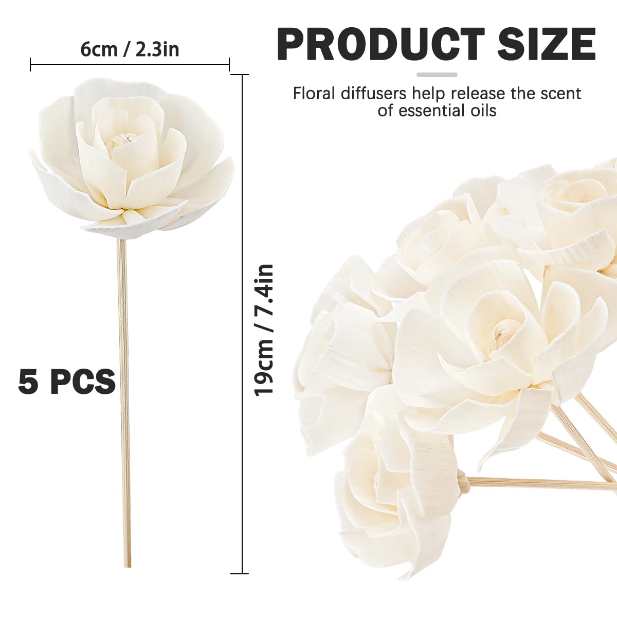 YOLUFER 5 Pcs Flower Scent Diffuser, Natural Flower Scent Oil Diffuser Sticks, Aromatherapys Reed Flowers for Home, Bathroom, Office (Camellia), White, KA027-YON-YB