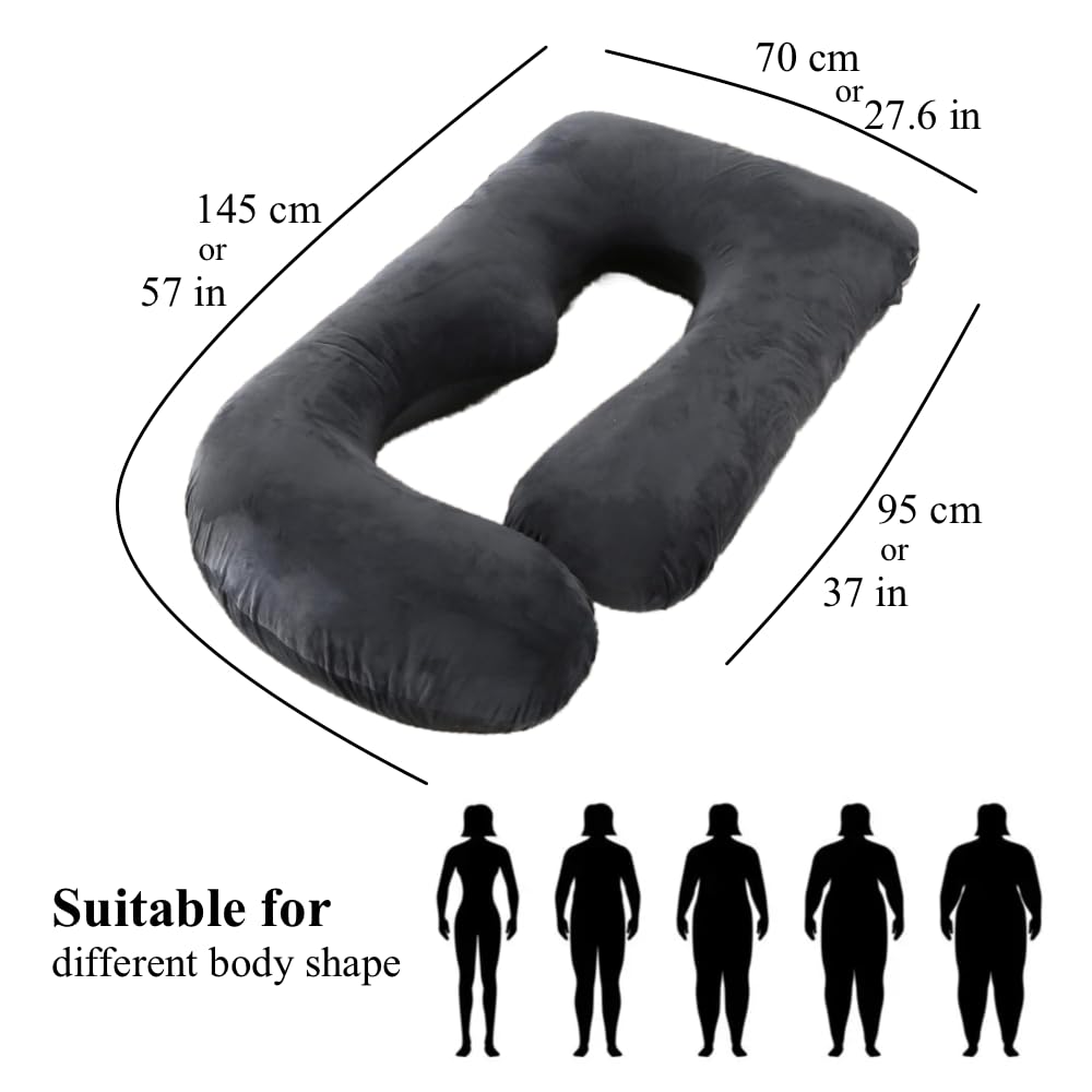 ALLOPERA 57 Inch Pregnancy Pillow for Sleeping, Full Body Support Pillow with Removable Washable Cover for Maternity Comfort, Black Grey Velvet Cover