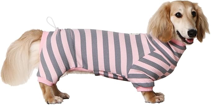 HowlyWoof Dachshund Dog Shirt, Thin Striped Base Layer Onesie for Wiener Dogs, Lightweight All-Season Wear, Soft & Comfy Fit for Doxie and Short-Leg Breeds (Pink&Grey, Size 2 (11-16 lbs))