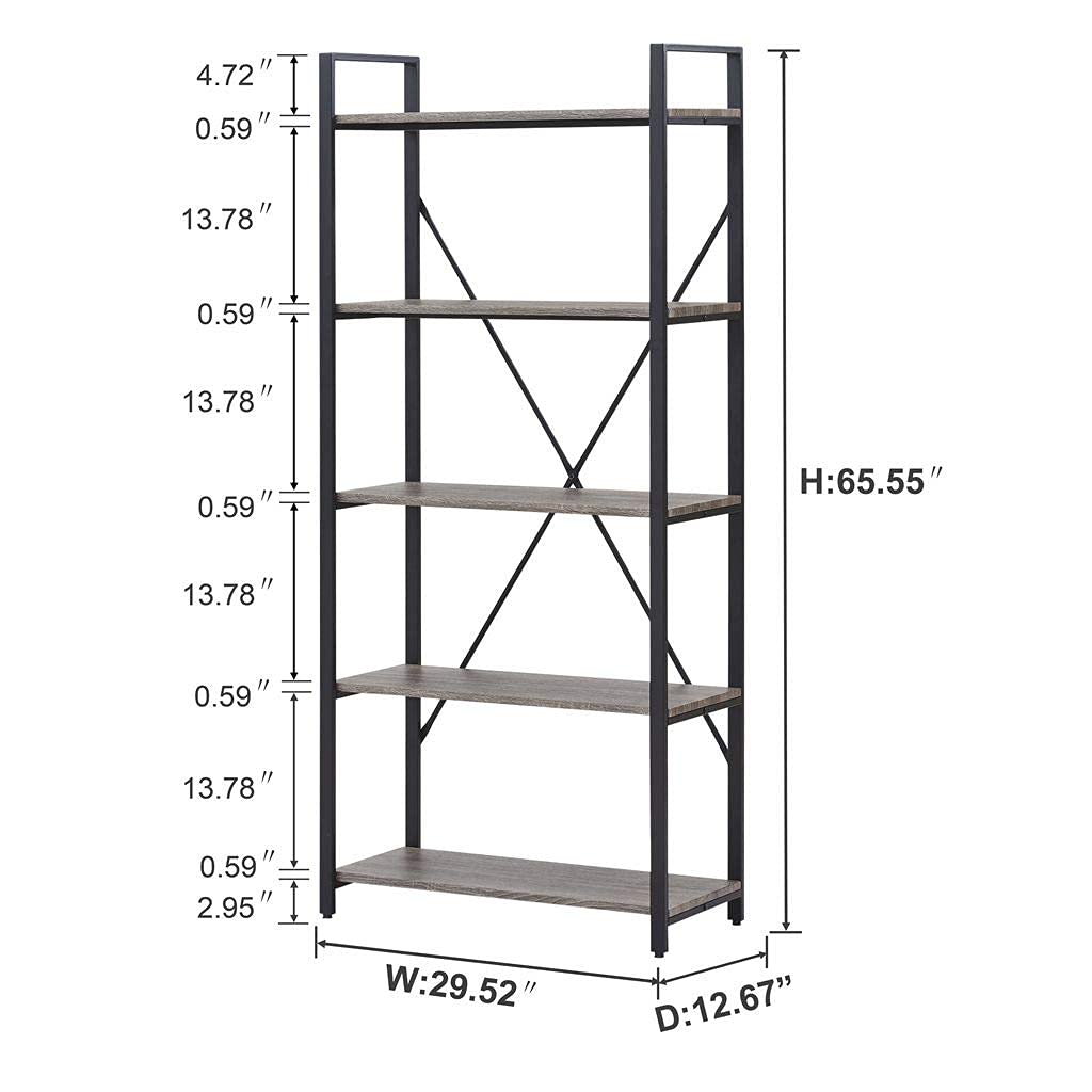 Industrial Bookshelf, Etagere Bookcases and Book Shelf 5 Tier Shelves, Grey Wood and Metal Shelving Unit (Dark Gray Oak)