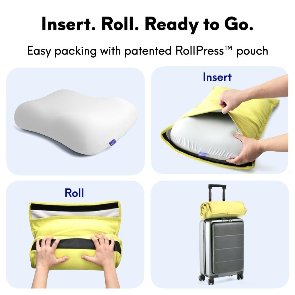 Cushion Lab Travel Deep Sleep Pillow – Compact Memory Foam Neck Pillow for Sleeping, Portable Pillow for Hotels, Camping, Side & Back Sleepers, On-the-Go – Spark