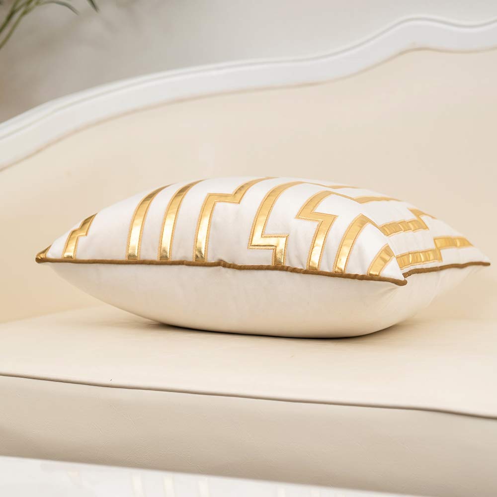 Alerfa Gold Leather Striped White Throw Pillow Cover 20x20 Inch, Geometric Luxury Decorative Embroidered Velvet Pillow Cover for Couch Living Room Bedroom