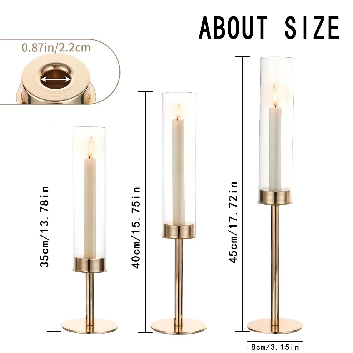 Oakernel Gold Hurricane Candle Holders Set of 12, Tall Metal Windproof Glass Taper Candle Holder for Candelabra Centerpieces for Dining Table, Wedding, Party & Fireplace Mantel Decor