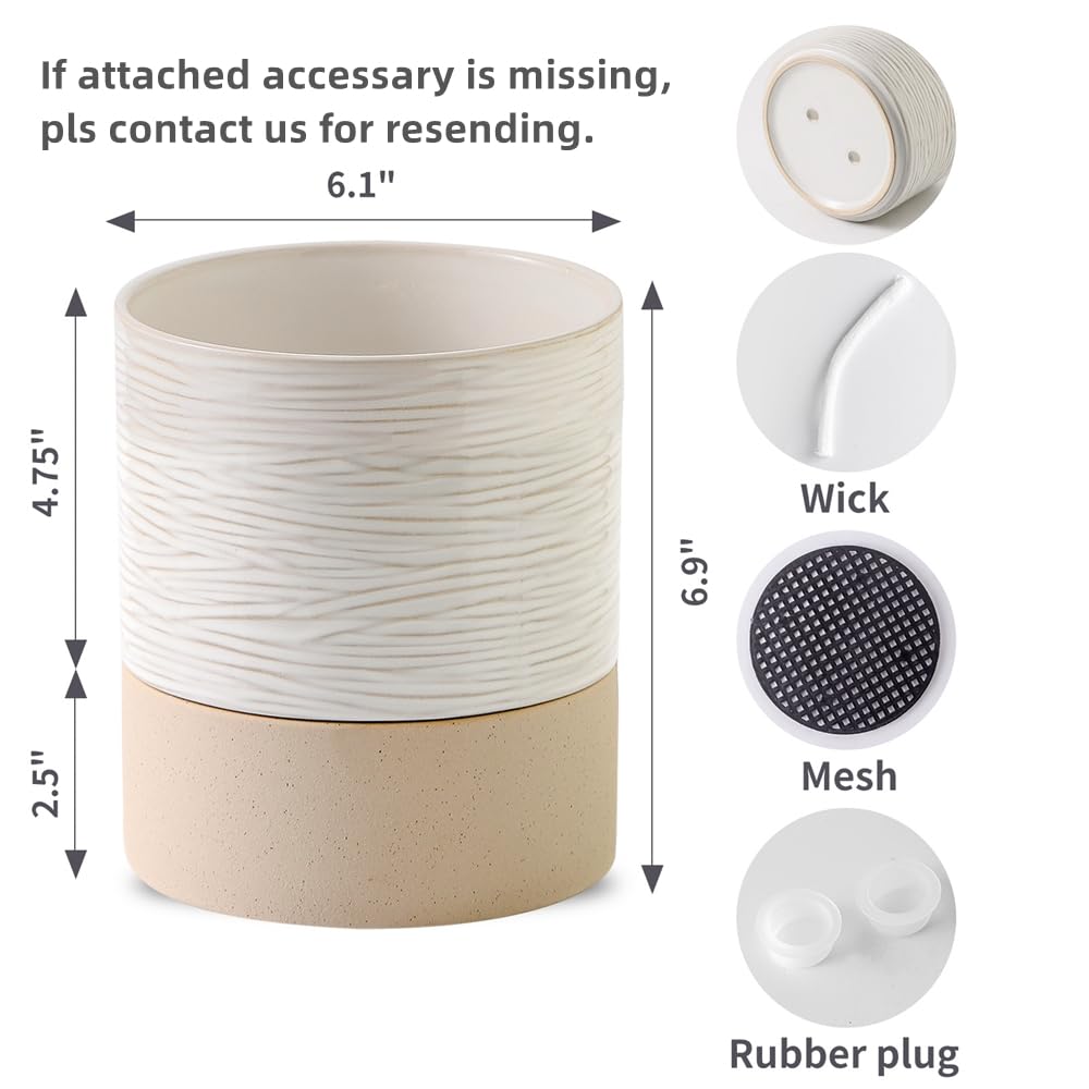 Nihow Ceramic Self Watering Plant Pot for Indoor Plants, 6 Inch,Cream White