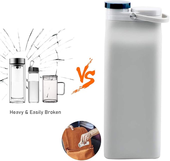 E-Senior Collapsible Water Bottle BPA Free - 20 oz Foldable Water Bottle for Travel Sports Bottles with Triple Leak Proof Lightweight (Grey)