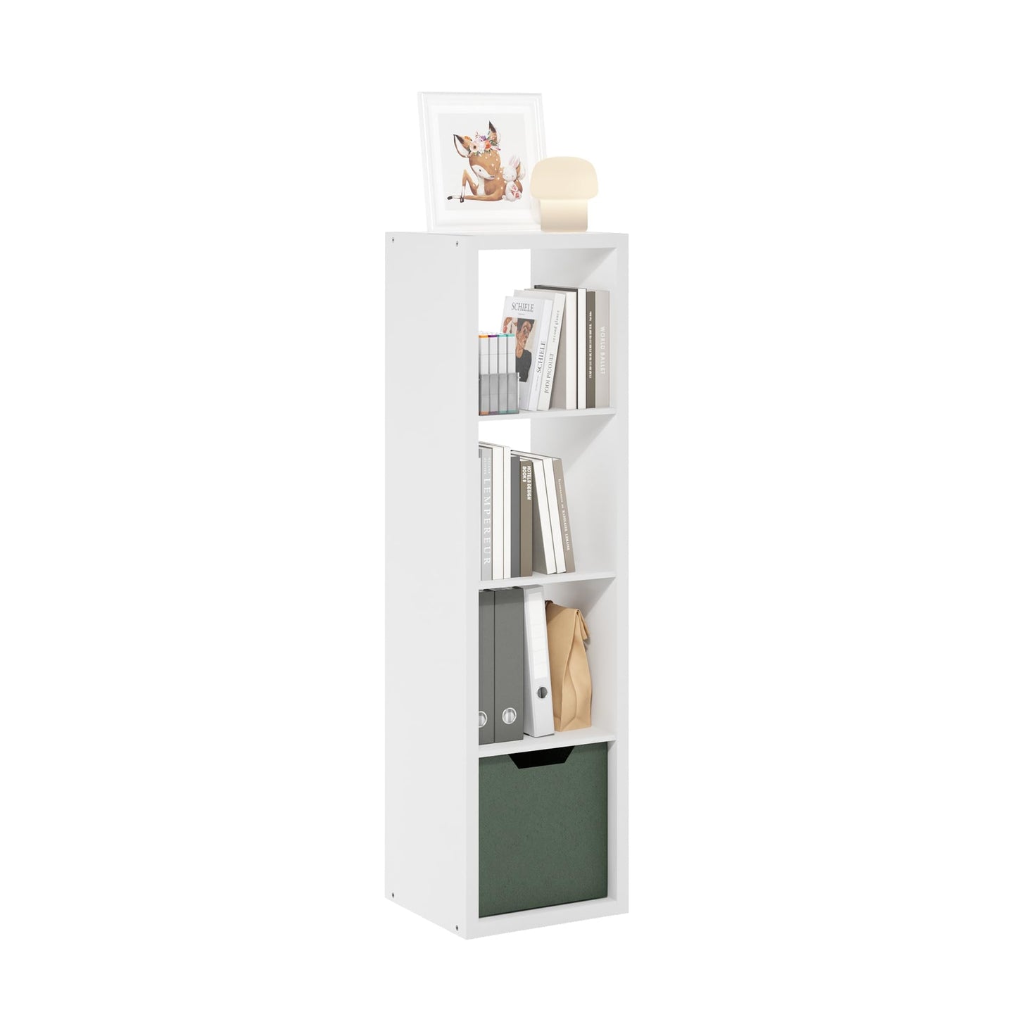 Furinno Cubicle Book Shelf, 4-Cube Bookshelf, Extra Thick Frame Horizontally & Vertically Reversible Bookcase with Open Back, 14.6 x 15.9 x 58, for Living Room, Bedroom, Home Office, Plain White