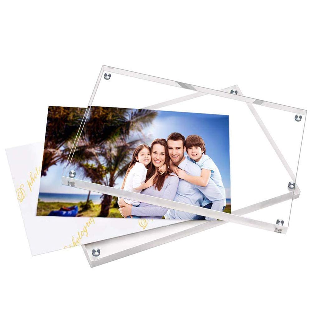 ILYXY 2 Pack Acrylic Frame 5x7, 20% Thicker, 24mm Thick Frameless Clear Picture Frame, Double Sided Magnetic Photo Frame, Free Standing Desktop Display Stand Acrylic Picture Frames