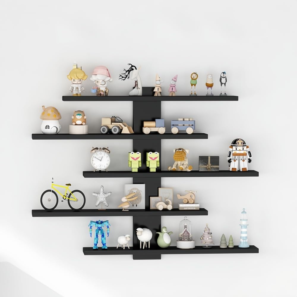 HUHUJIA 5-Tier Floating Wall Mounted Shelves, Wall Display Storage Shelf for Anime Figurines, Dolls, Plants & Statues, Decorative Organizer for Bedroom, Living Room, Study, Kids Room(White)