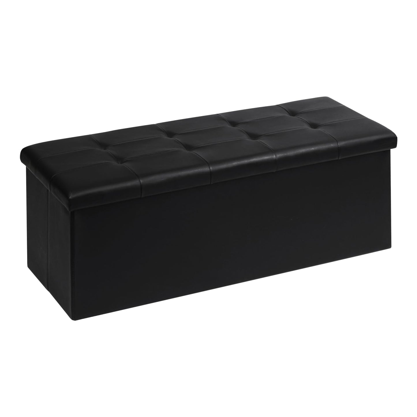 PINPLUS Folding Storage Ottoman Bench, Black Faux Leather Long Ottoman Chest, Footrest Seat, Blanket Storage for Living Room Bedroom Office Hallway, 43.3"x15"x15"